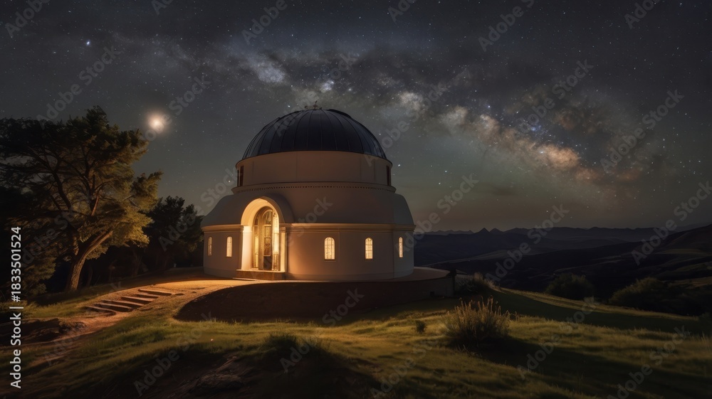 Fototapeta premium Illuminated Observatory Under a Starry Night Sky with Milky Way