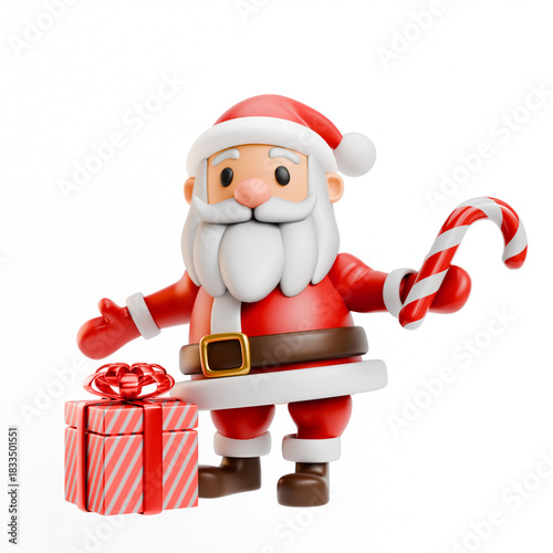 Santa holding candy cane and gift 3D