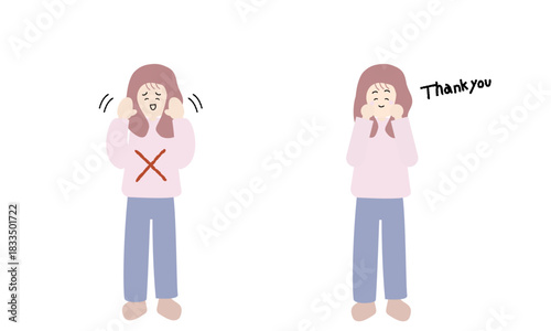 自己評価が低くて謙遜する女性と、素直に受け取って感謝する女性の対比イラスト