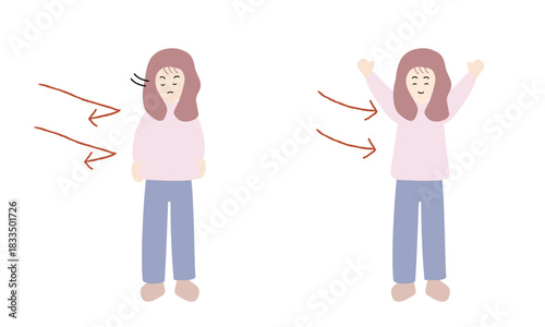 好意を拒絶してふさぎ込む女性と素直に受け取る女性の対比イラスト