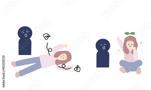 優しくされてつけあがる女性と、優しさに触れてやる気を出す女性の対比イラスト