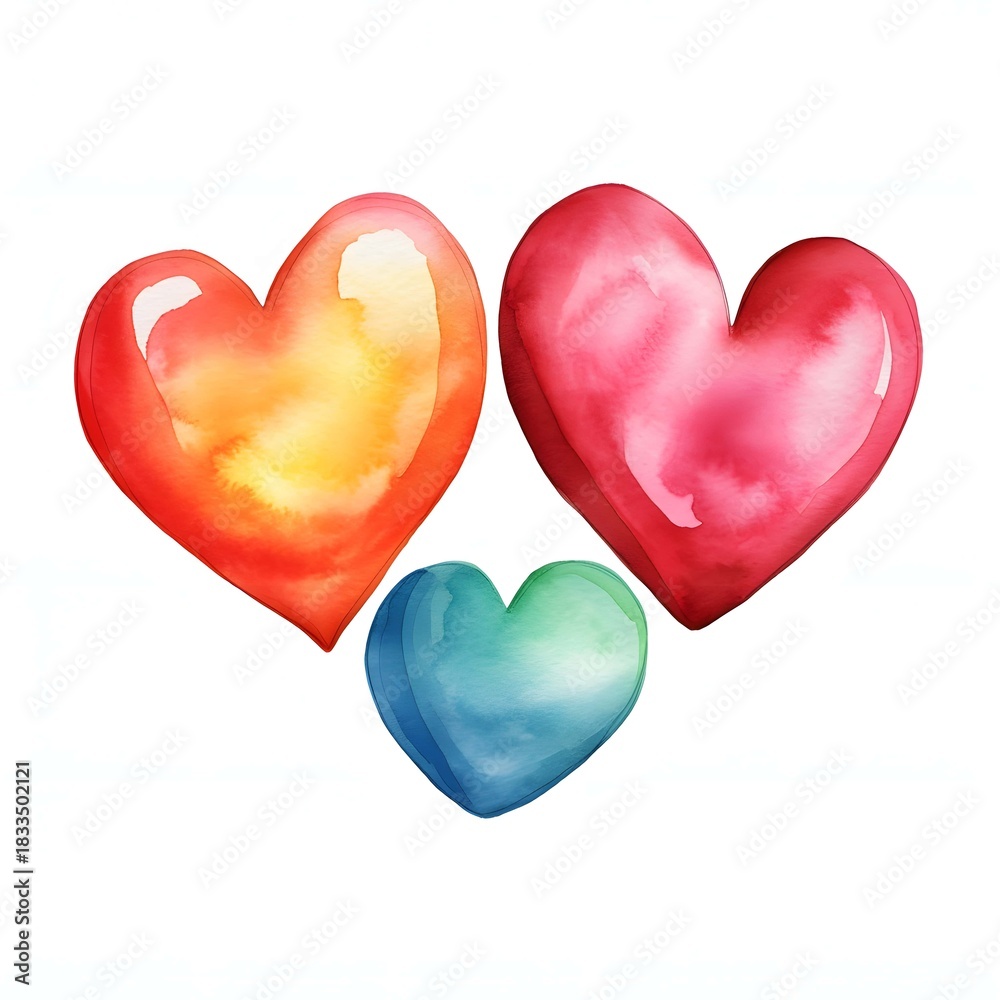 Fototapeta premium Watercolor illustration featuring a group of three hearts in red, orange and blue