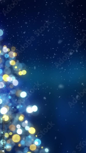Blurred Christmas tree with glowing colorful bokeh light bulbs and ornaments background, blue holiday greeting card animation, festive New Year winter snow fall backdrop