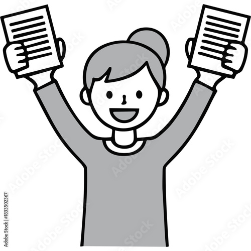 Joyful Woman Celebrating Success Holding Up Documents With Both Hands Raised In A Cheerful Expression Against A Black Background Isolated