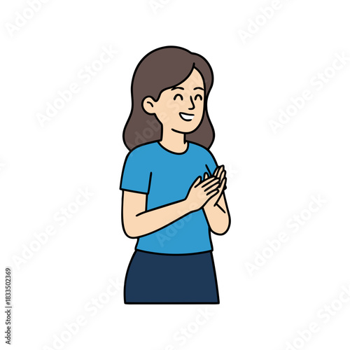 Joyful Woman In Blue T Shirt And Dark Skirt Clapping Hands With A Smile And Enthusiasm Isolated On Black Background