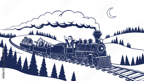 Christmas train. Santa Claus in a toy train with gifts and Christmas tree. Monochrome vector illustration. Transparent background SVG version.