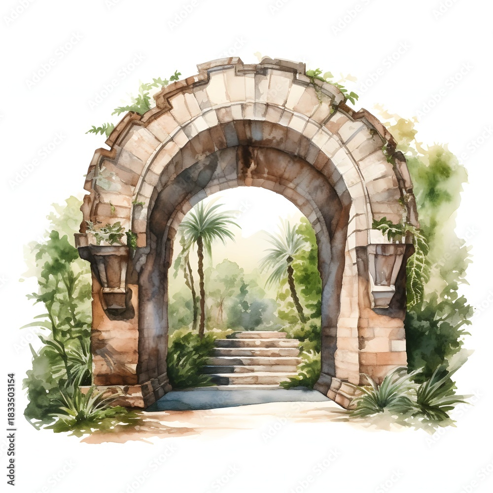 Obraz premium Watercolor painting of a stone archway leading to a lush tropical garden with palm trees
