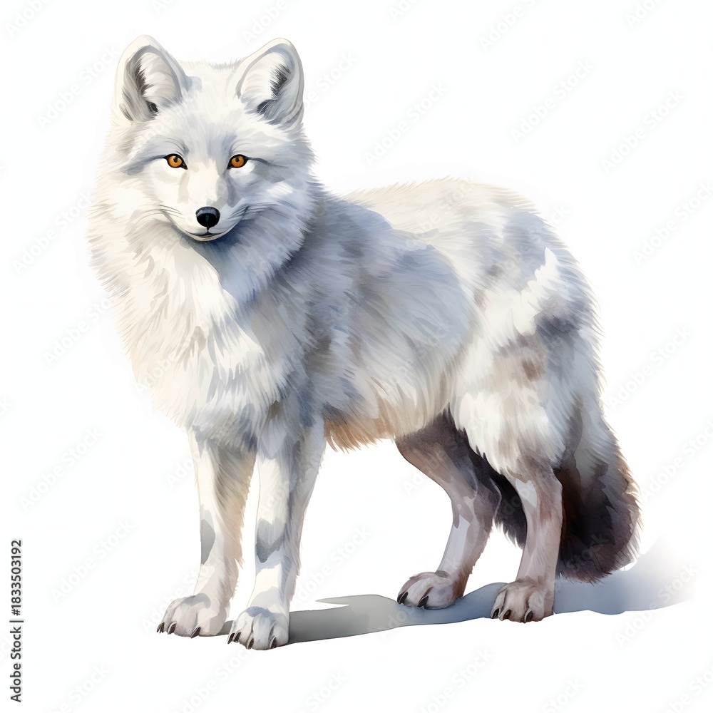 Naklejka premium Captivating arctic fox stands gracefully with its pristine white fur in a watercolor painting