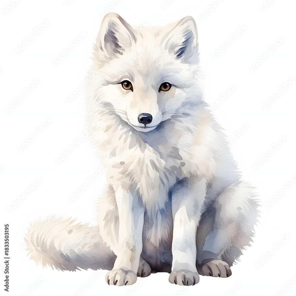 Fototapeta premium Adorable arctic fox sitting and looking forward with bright eyes and fluffy fur