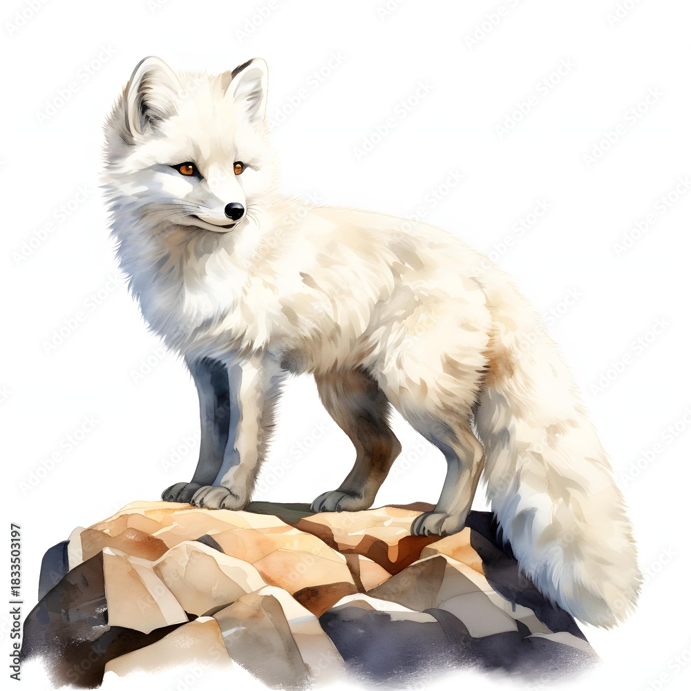Fototapeta premium Arctic fox stands alert on rocky terrain in a watercolor style painting