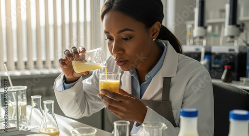 Curious food scientist in modern laboratory evaluating beverage aroma while pouring liquid from beaker to glass, focusing on sensory analysis, quality control and innovative product development