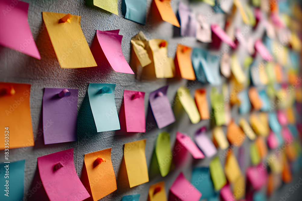 Naklejka premium A close-up shot of a wall covered with colorful Post-it Notes, ideal for use as an example of creative communication or brainstorming