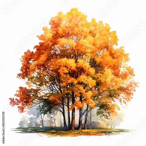 Watercolor painting of a large oak tree with orange leaves in the autumn season