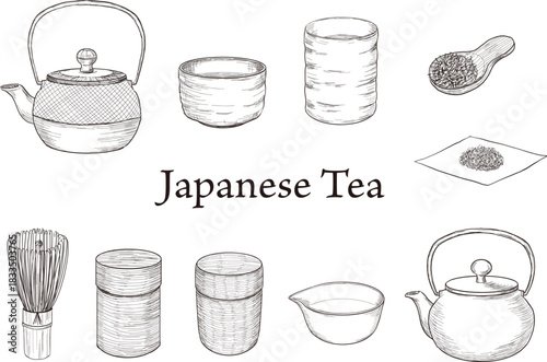 日本茶の手描きペン画セット