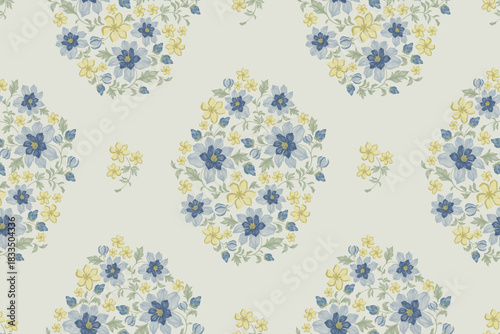 Blue floral pattern vintage ethnic modern tapestry embroidery texture boho design vector illustration hand drawn silhouette indigo flower motif branches leaves wallpaper seamless background border.