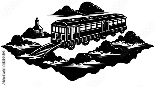 Vintage Train Illustration in Black and White Retro Style