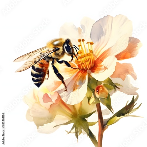 Detailed honey bee gathering pollen on a white flower watercolor illustration
