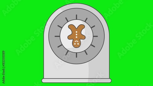 Gingerbread timer dial. Round kitchen timer with center gingerbread motif. Small dial detail visible. Simple baking tool element. Shown in a soft timer turn motion pass with gentle dial rotation.