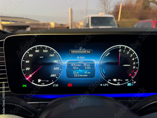 Tableau sur toile Mercedes benz dashboard displaying modern hybrid car information
