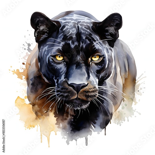 Majestic black panther with intense gaze rendered in watercolor style