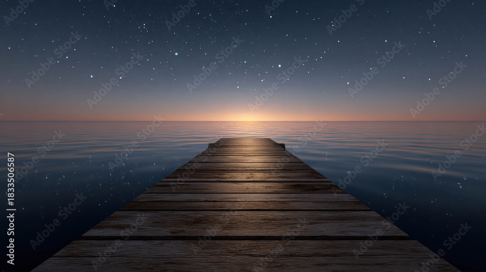 Fototapeta premium Serene Wooden Dock Stretching into the Calm Sea Under a Starry Sky at Sunset with a Warm Horizon Glow