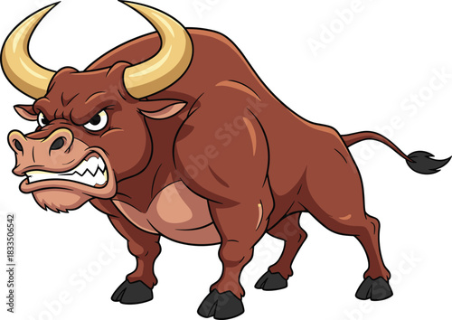 Angry cartoon bull with large horns, fierce expression and bared teeth, powerful and aggressive stance, vector illustration