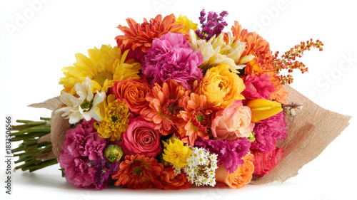 Vibrant bouquet of colorful mixed flowers wrapped in burlap with daisies, roses, tulips, and carnations on white background