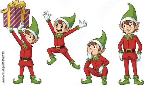 Cute cartoon Christmas elves in red and green, holding gifts and jumping with joy, festive holiday characters for seasonal designs.