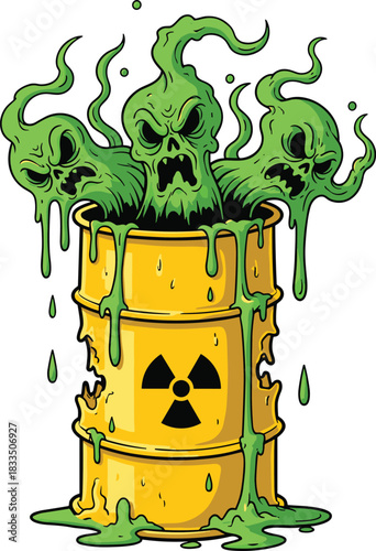 Toxic waste barrel leaking green radioactive sludge with angry ghostly skulls emerging, horror cartoon vector illustration