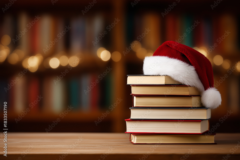 Naklejka premium Festive winter reading: stack of books with santa hat in cozy library