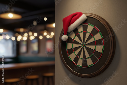 Festive dartboard with santa hat in cozy bar setting
