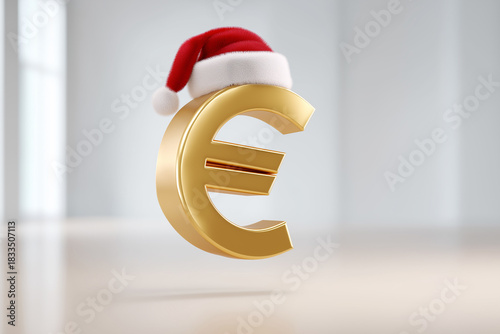 Festive euro symbol with santa hat on smooth background