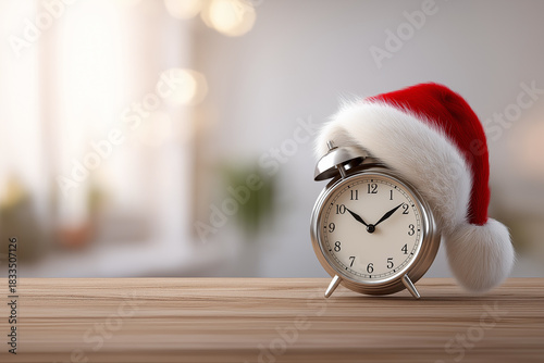 Festive alarm clock with santa hat on wooden surface signaling holiday time