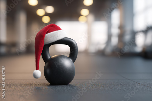 Kettlebell in santa hat on gym floor reflecting holiday fitness motivation