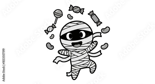 Cartoon mummy character surrounded by candy for Halloween illustration purposes vector art