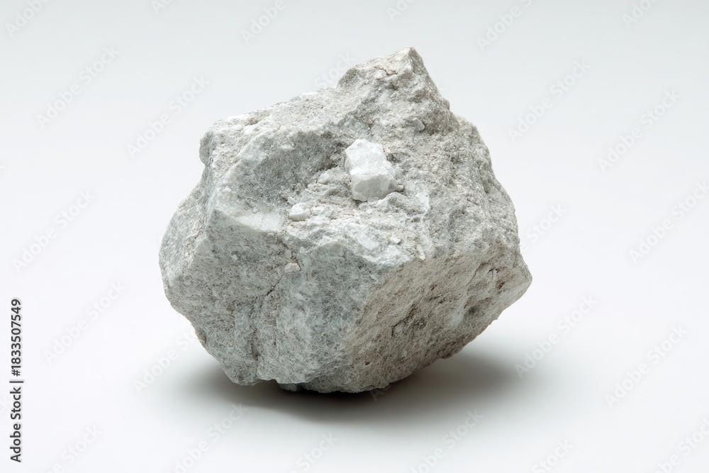 Fototapeta premium Light gray rock specimen, irregular shape, on white background