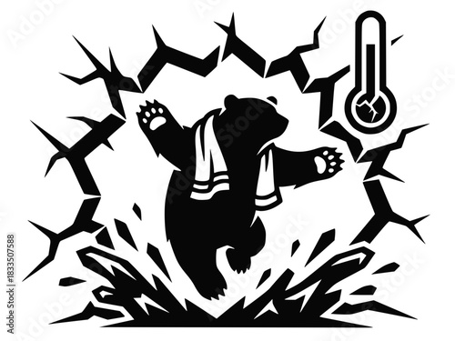 Angry Bear Breaking Ice Black and White Vector