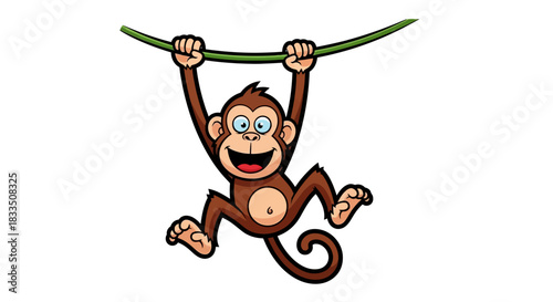 A cheerful cartoon monkey swings playfully from a vine creating a whimsical scene suitable for
