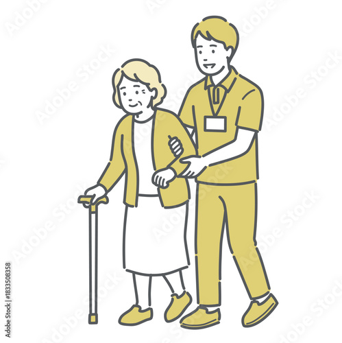 杖を使った高齢者への歩行介助・移動サポートのイラスト