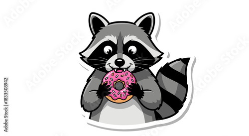 Cartoon Raccoon Enjoying a Delicious Donut on a White Background Illustration