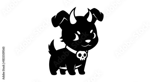 Cute black puppy dog with horns and skull pendant on white background vector illustration