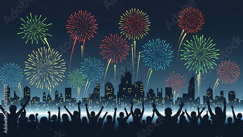 Festive Fireworks Display over City Skyline at Night Celebration