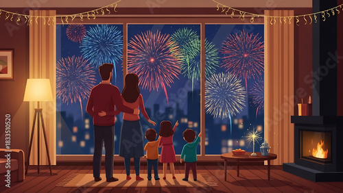 Family Celebrates New Year's Eve Watching Fireworks Display from Home