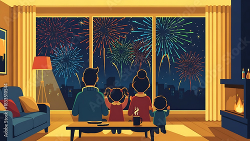 Family Watching Fireworks Display at Home on Festive Holiday