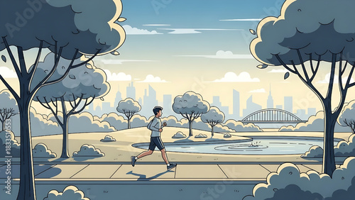 Man running in park healthy lifestyle urban cityscape background