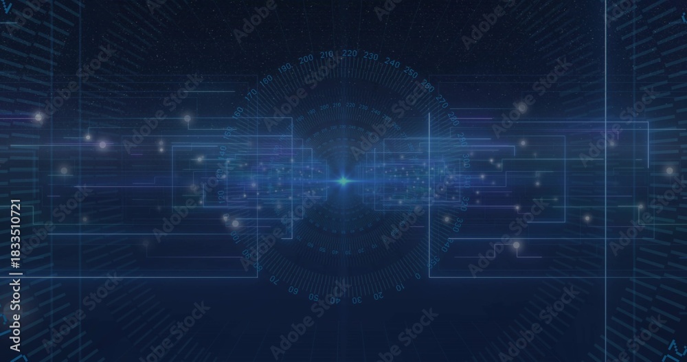 Fototapeta premium Pulsing central glowing hub and radial HUD radiating data flows in cyberspace panel, neon circuits
