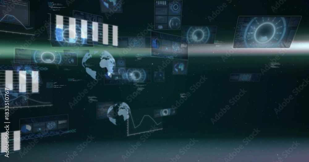 Fototapeta premium Floating holographic UI panels hovering above planetary horizon, displaying globes, charts, radars