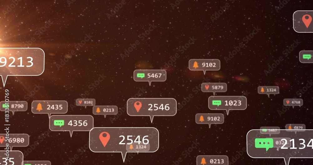 Obraz premium Floating notification bubble displaying 2546 drifting in dark data-space, with red map-pin icons