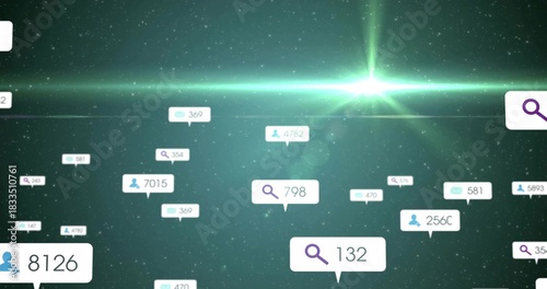 Floating white callout displaying search icon and 132 in 3D data space, with user, envelope icons