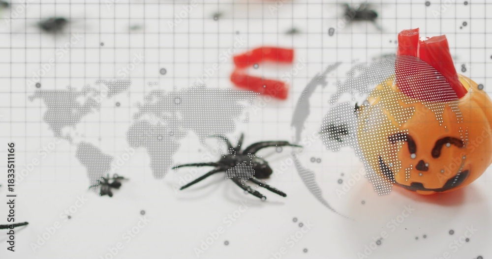 Fototapeta premium Showing pumpkin with red wrap sitting on grid backdrop, with two spiders, map overlay, copy space